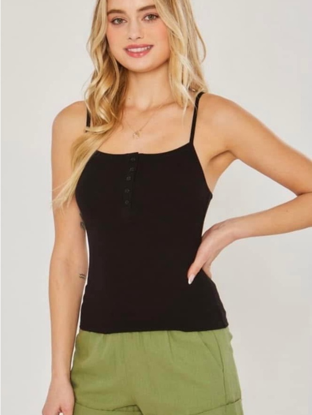 Black Ribbed Henley Cami Tank Top - Women